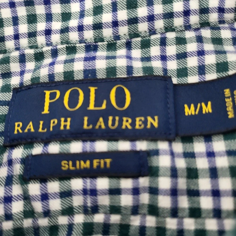 Polo Ralph Lauren Slim Fit Mens Green Blue White Long Sleeve Plaid Shirt Medium